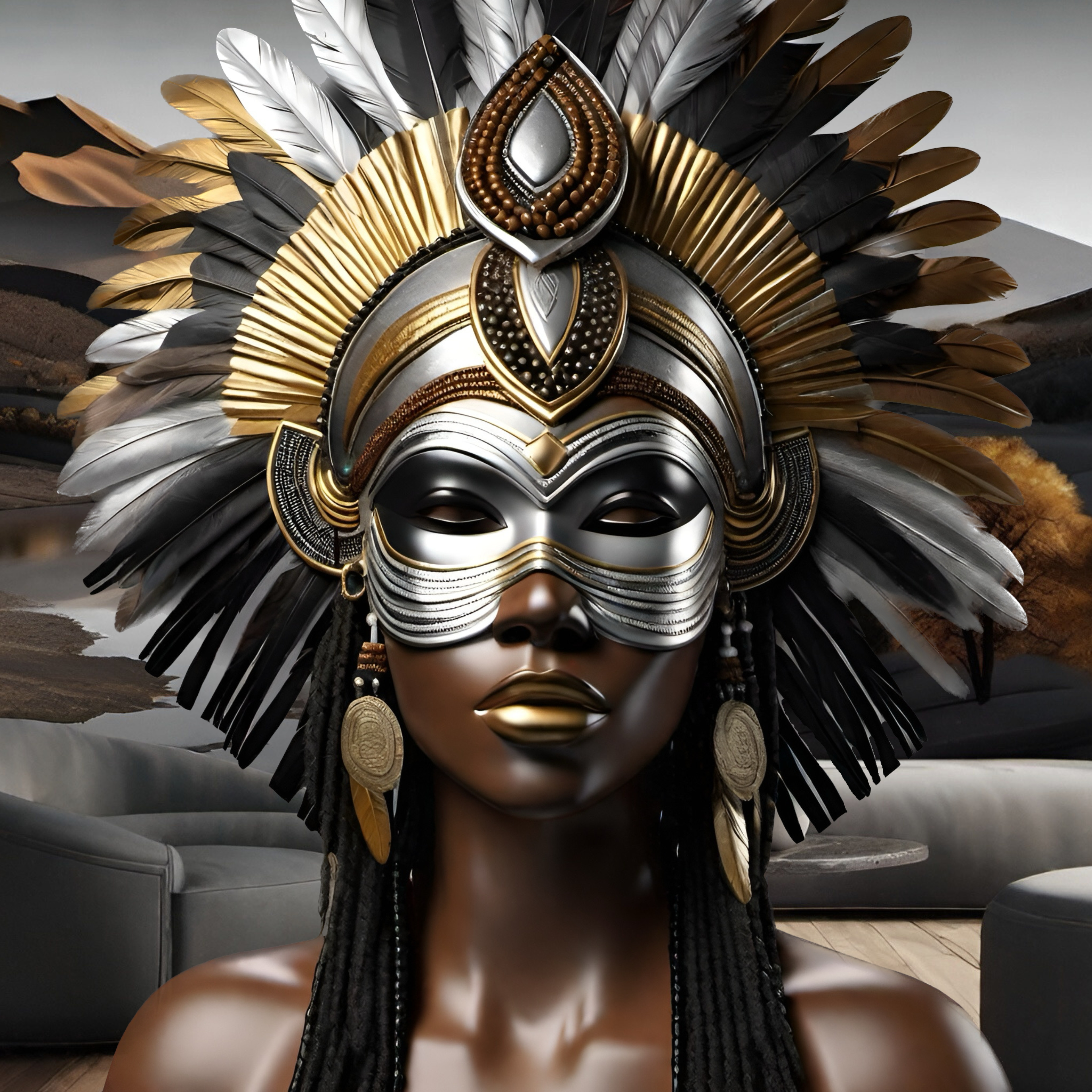 Dark-skinned African queen with a gold and silver headdress with feathers in an opulent room in front of an African scenery painting 