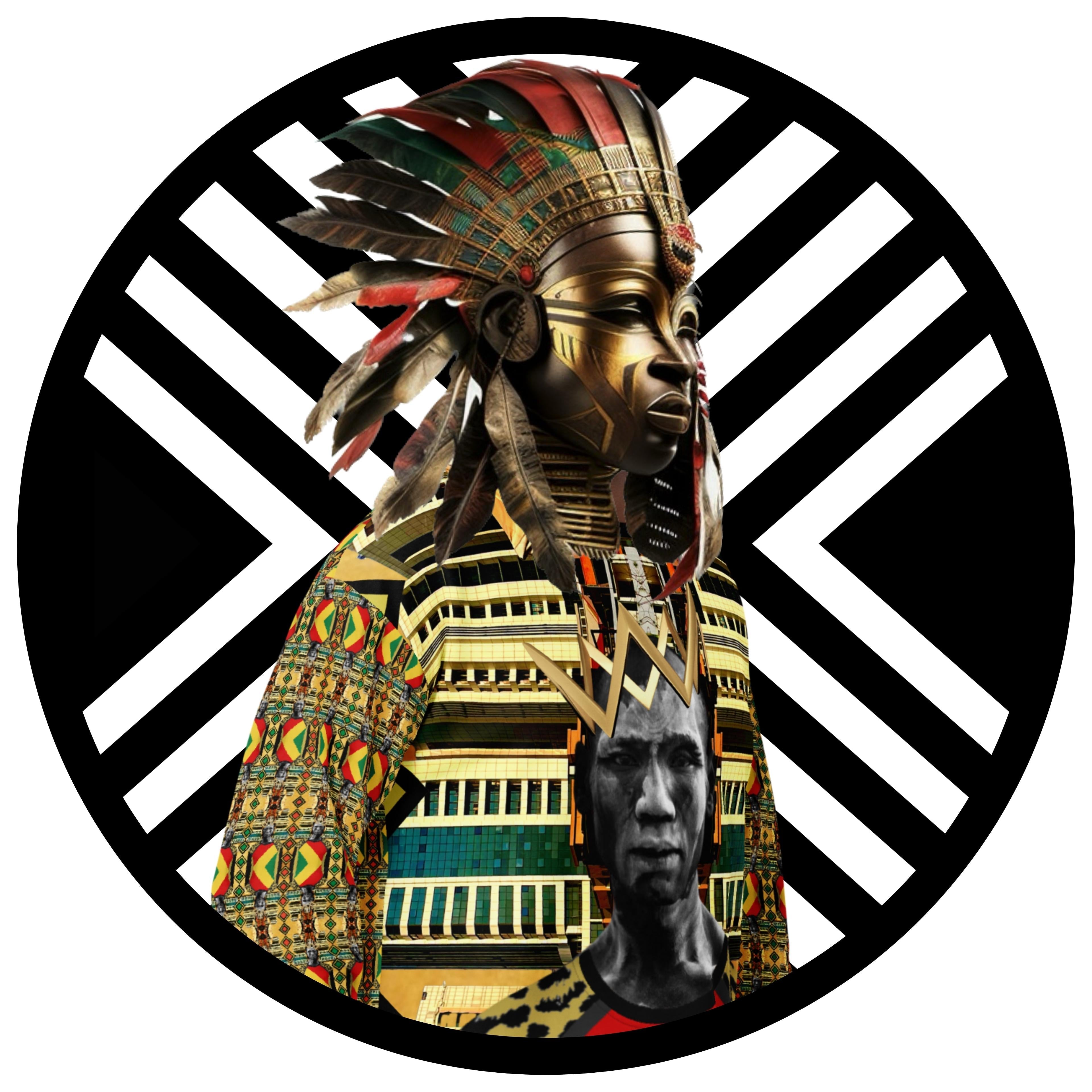 Afrofuturism NIF GOD figure in 1250 Sweatshirt on Imigongo print background in a circle badge