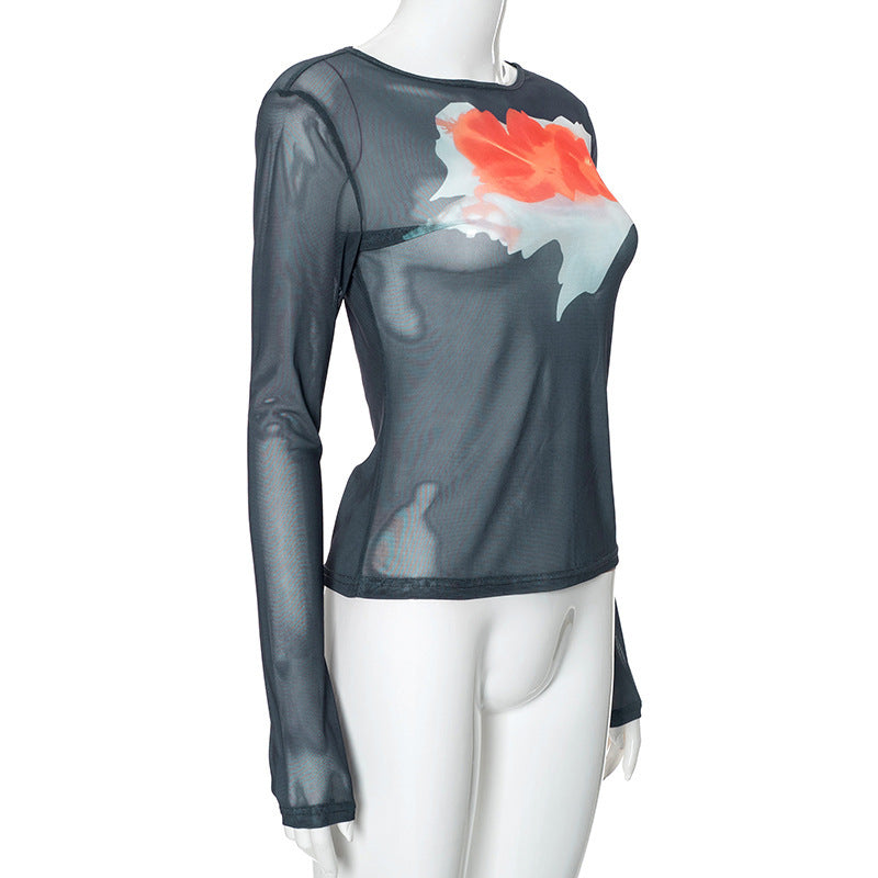 Fashion Mesh Printed Pullover Women