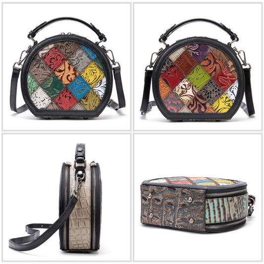 Collage of a round handbag with patchwork design and textured sides.