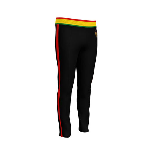 "Reggae-inspired sweatpants featuring bold red, yellow, and green stripes around the waistband, accented with striking red stripes running down the sides of both pant legs."