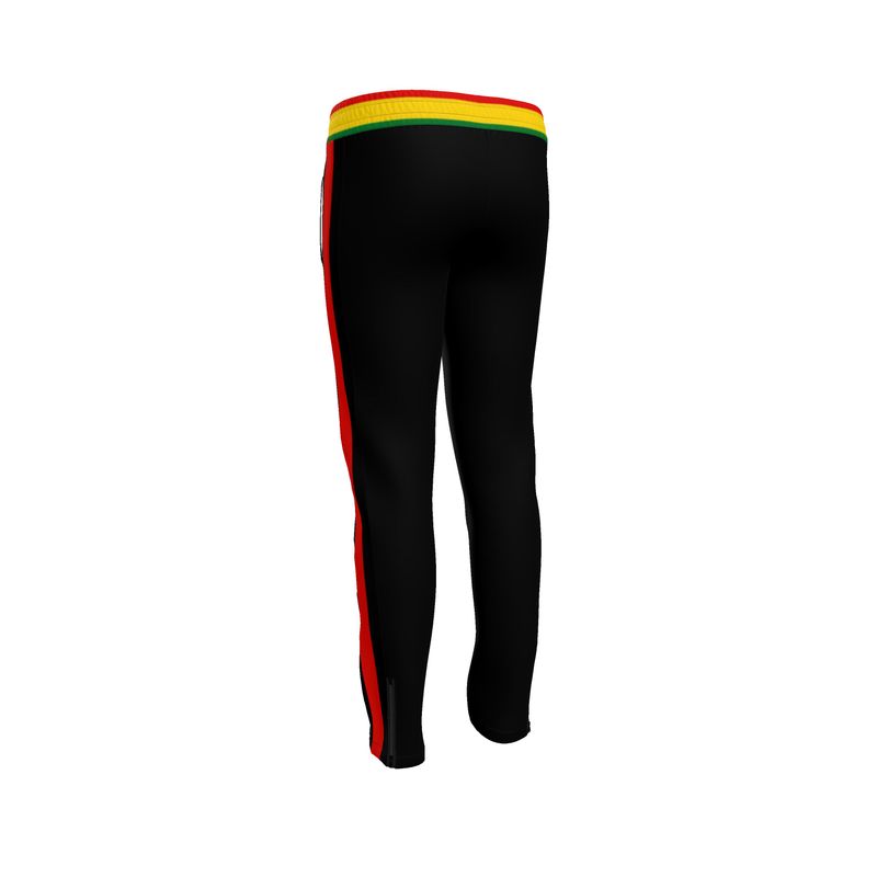 "Reggae-inspired sweatpants featuring bold red, yellow, and green stripes around the waistband, accented with striking red stripes running down the sides of both pant legs."