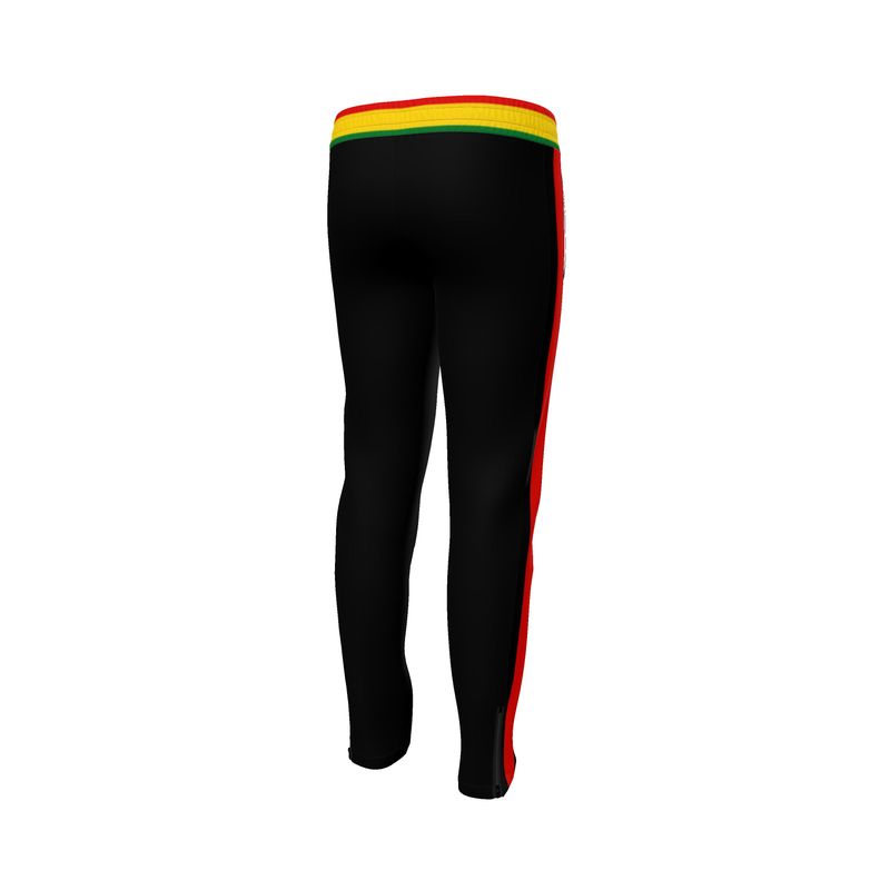 "Reggae-inspired sweatpants featuring bold red, yellow, and green stripes around the waistband, accented with striking red stripes running down the sides of both pant legs."