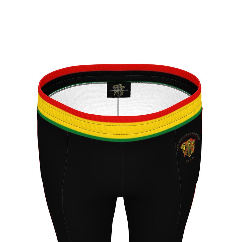 "Reggae-inspired sweatpants featuring bold red, yellow, and green stripes around the waistband, accented with striking red stripes running down the sides of both pant legs."