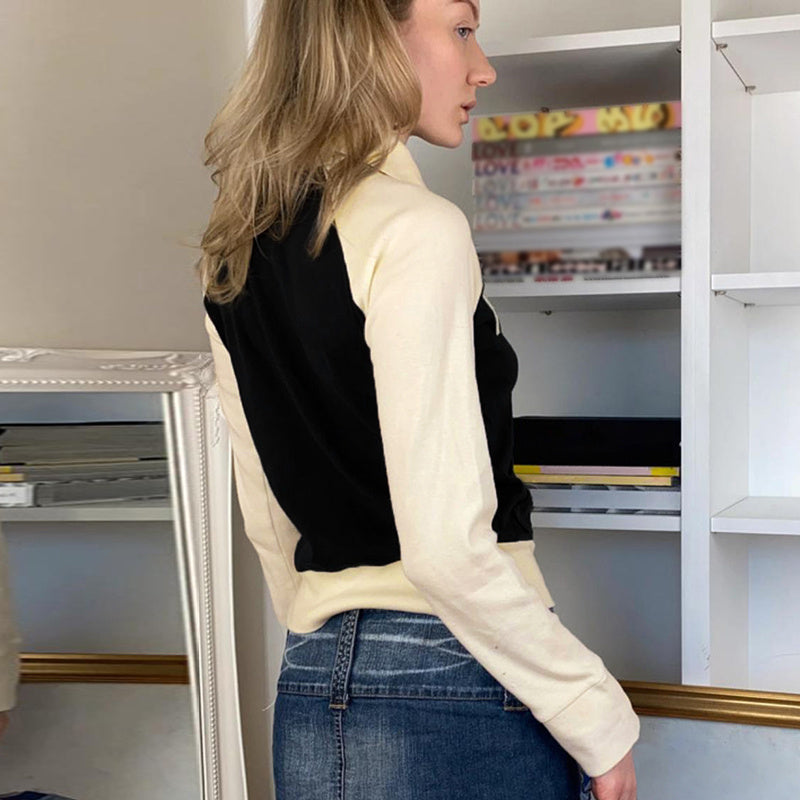 Zip Raglan Sleeve Pocket Contrast Top