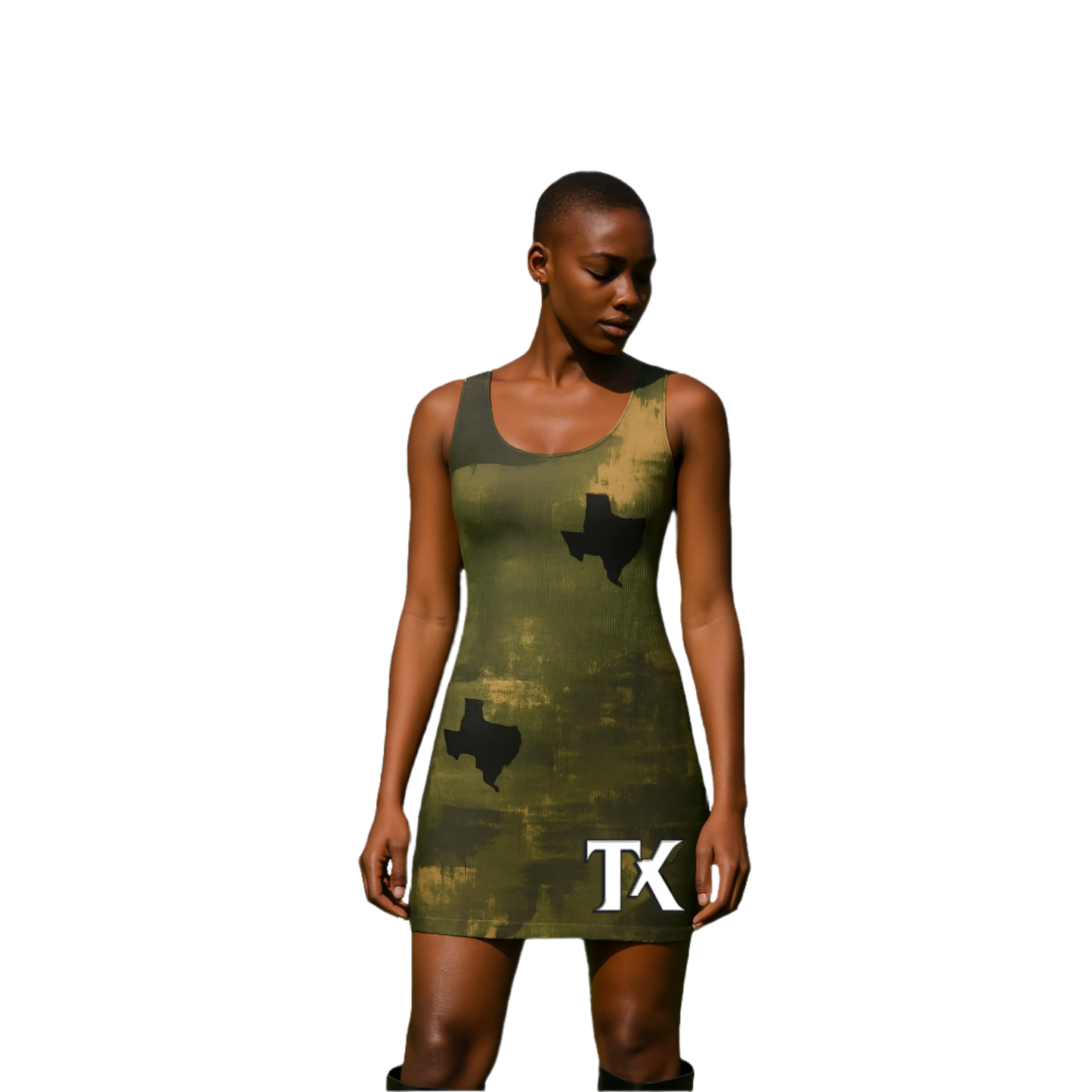 Female Model wearing Camouflaged Tank Dress with Texas Initials on the bottom left of the dress