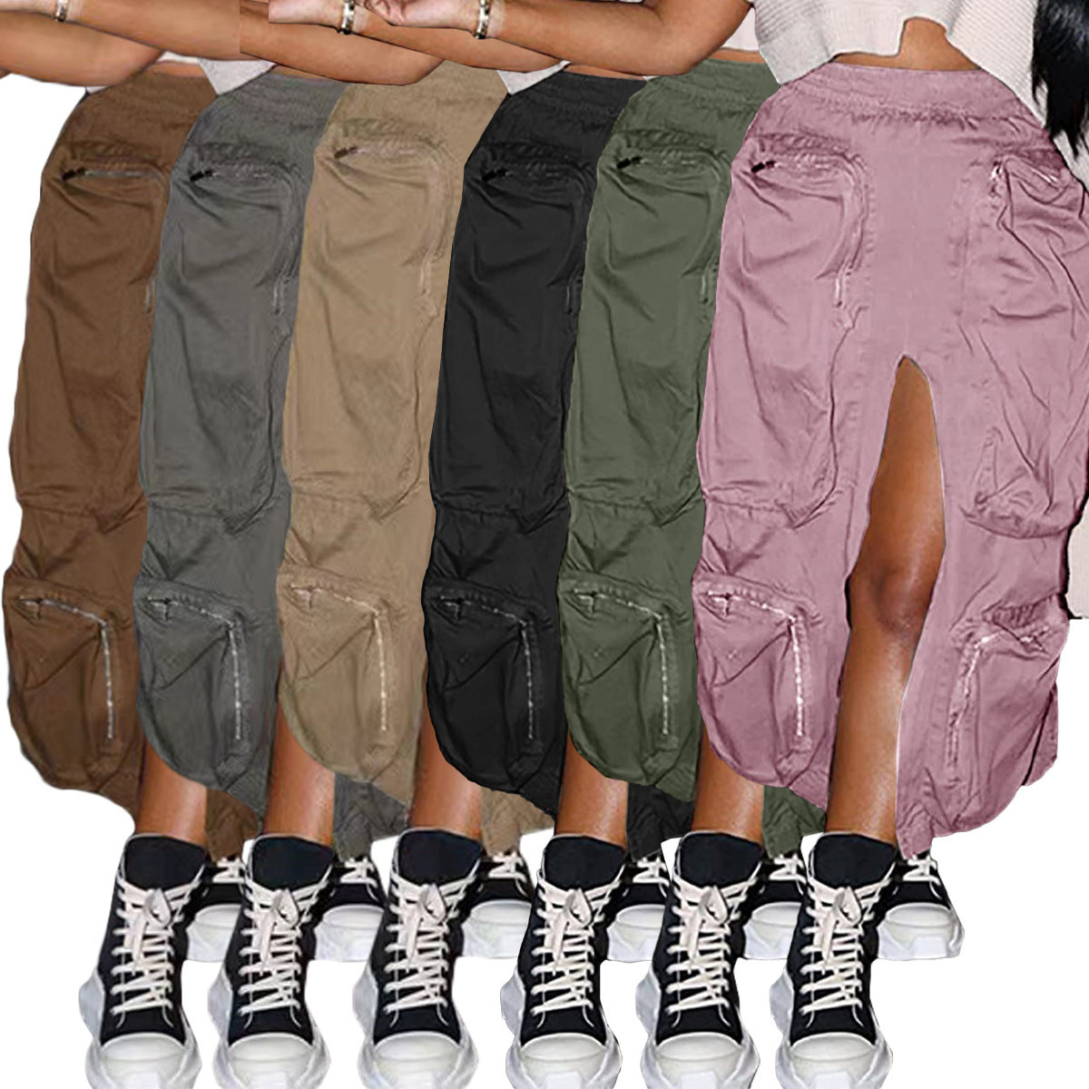 Set of six pairs of cargo shorts in different colors worn by models, with matching sneakers below.