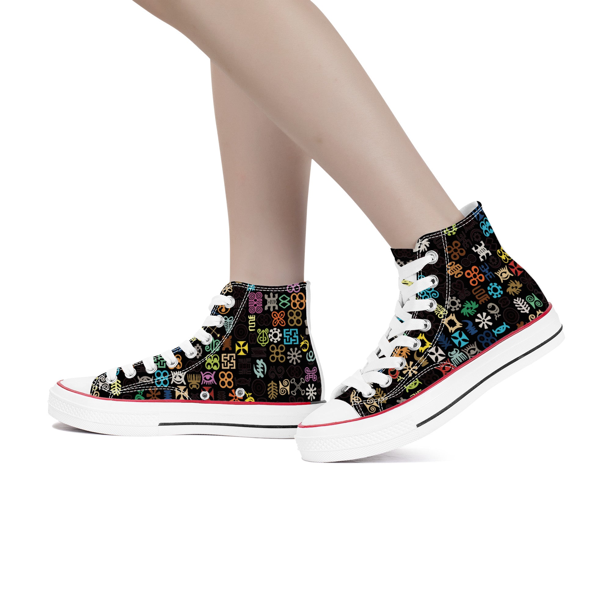 ADINKRA HIGH TOP CANVAS SHOES - BLACK SNEAKERS WITH MULTICOLOR PRINT