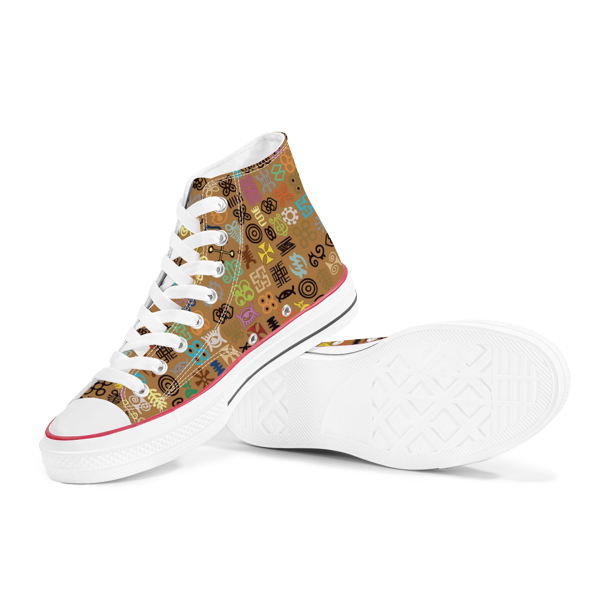 ADINKRA HIGH TOP CANVAS SHOES - COFFEE SNEAKERS WITH MULTICOLOR PRINT