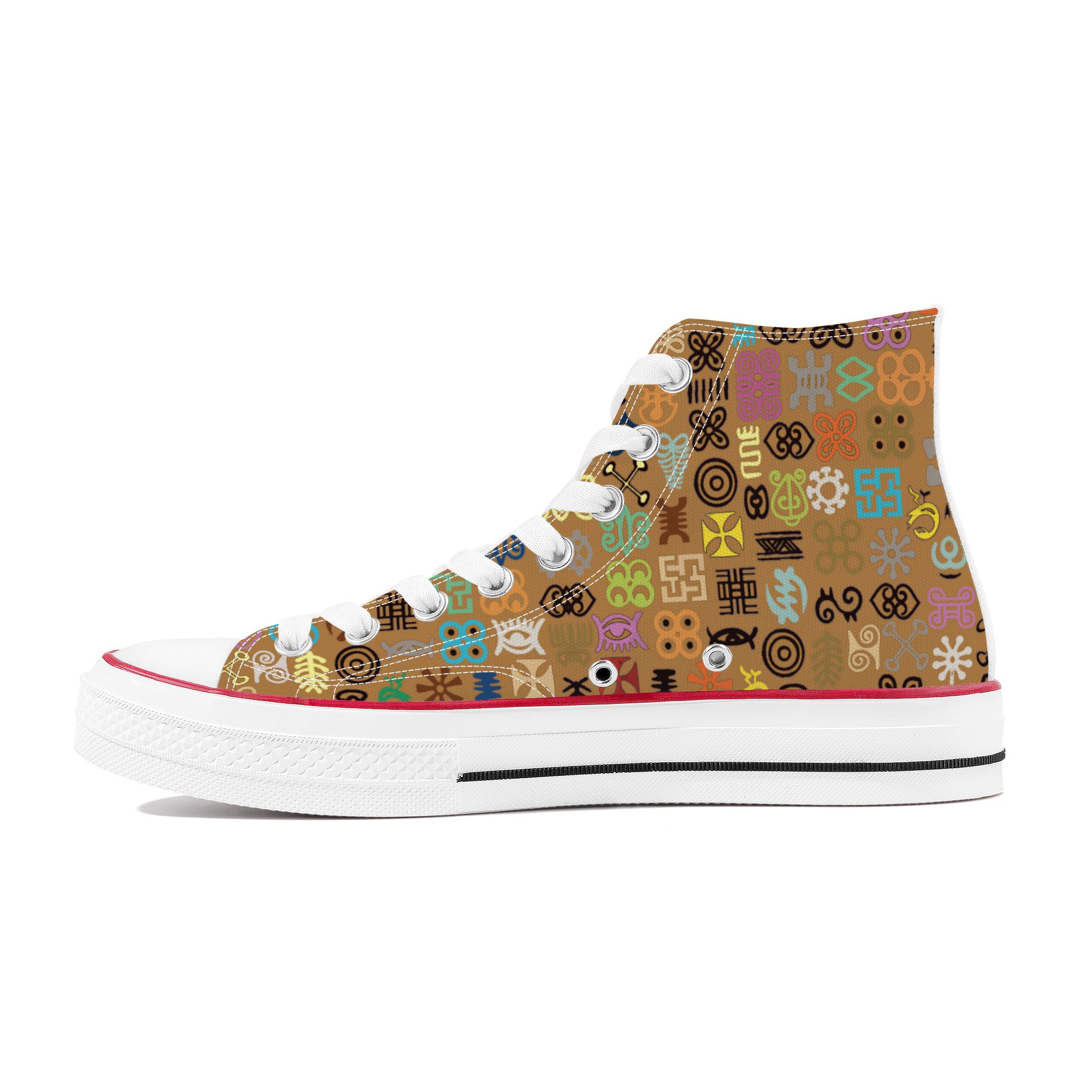 ADINKRA HIGH TOP CANVAS SHOES - COFFEE SNEAKERS WITH MULTICOLOR PRINT