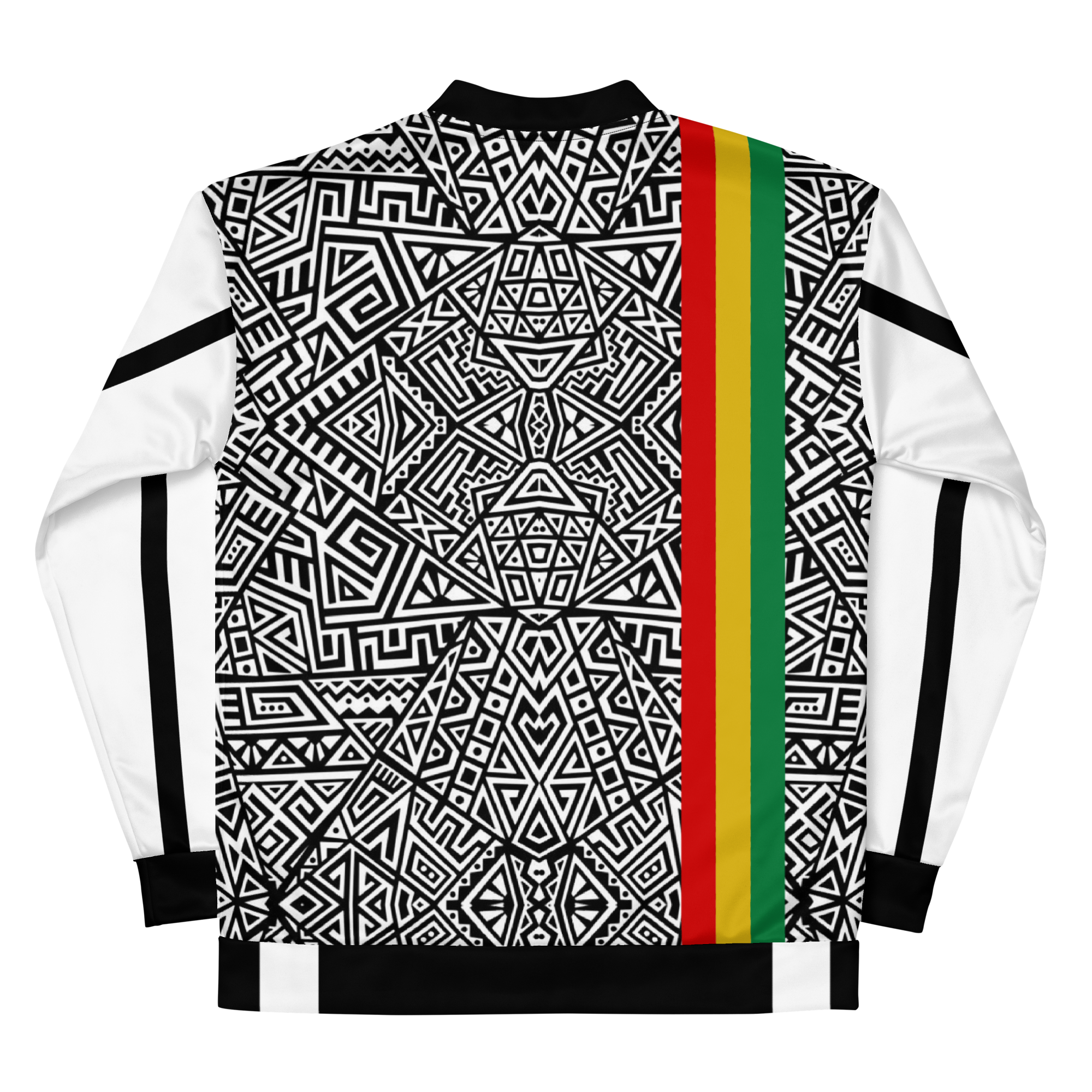 black and white african print bomber jacket with rastafarian flag