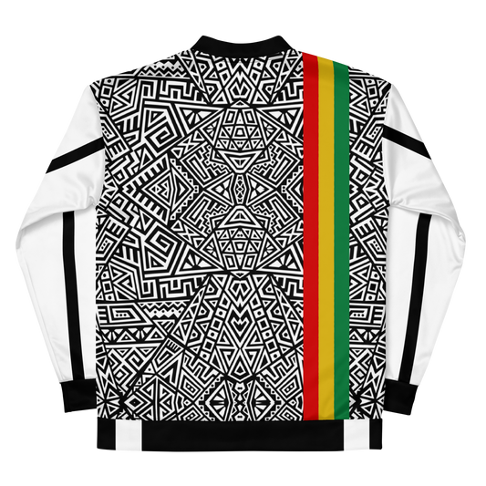 black and white african print bomber jacket with rastafarian flag