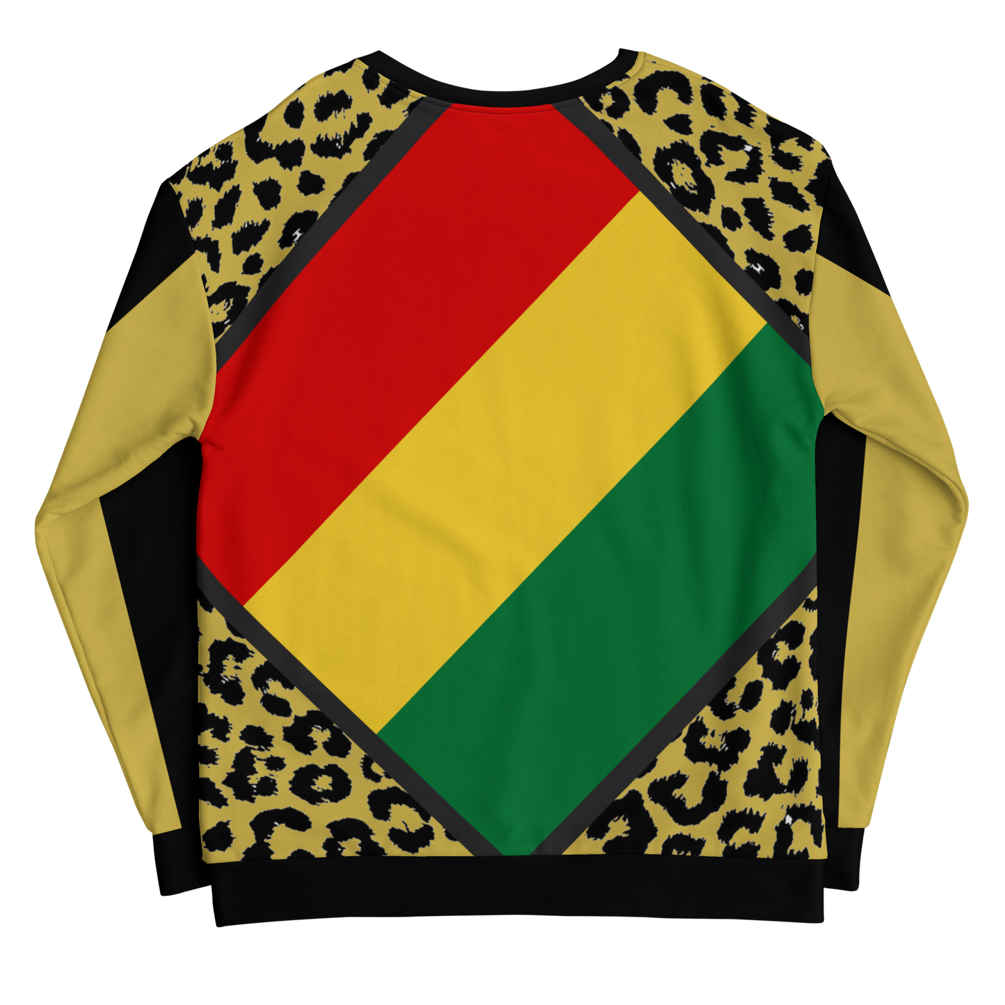 all-over printed sweatshirt with nyabinghi rasta flag and leopard print accents