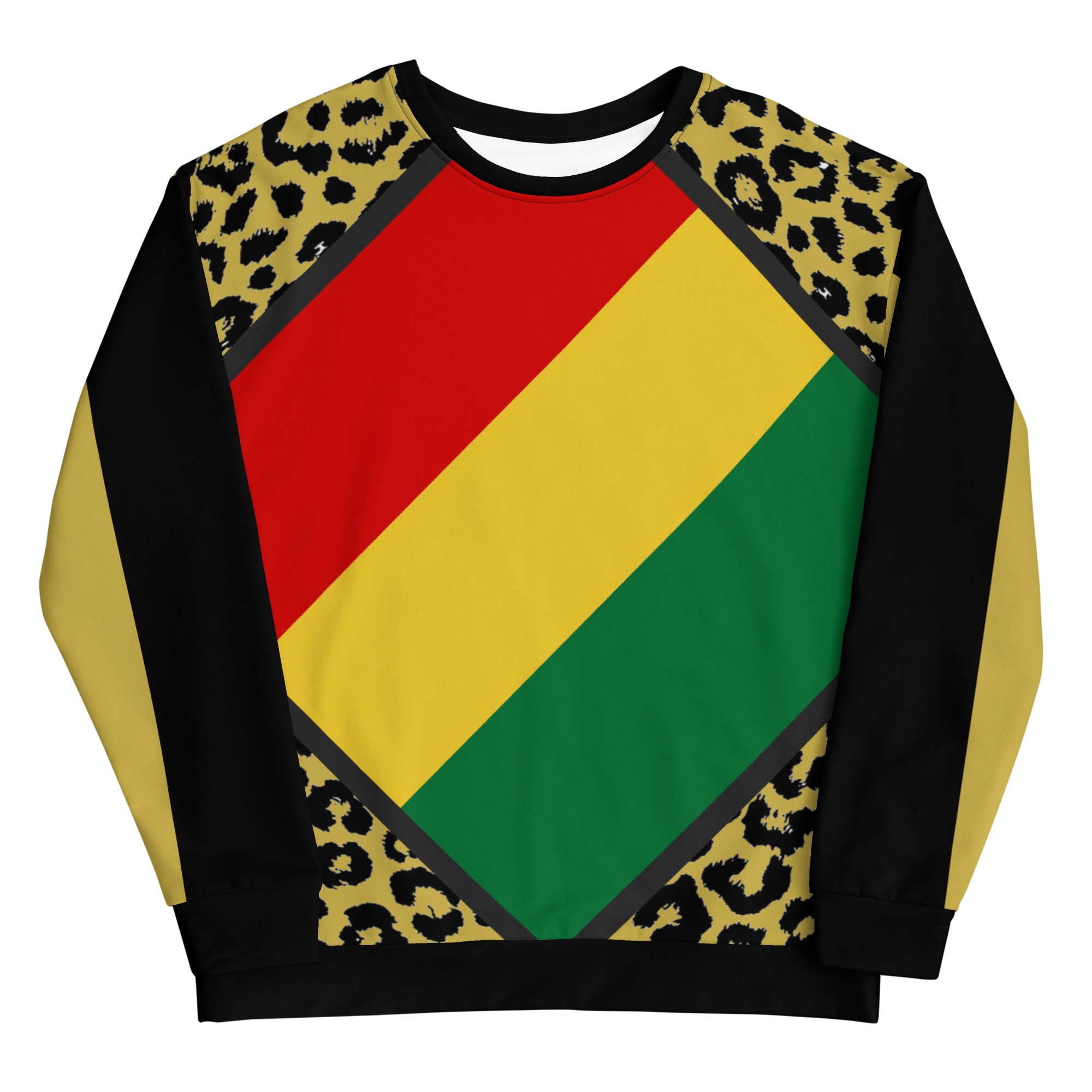  all-over printed sweatshirt with nyabinghi rasta flag and leopard print accents