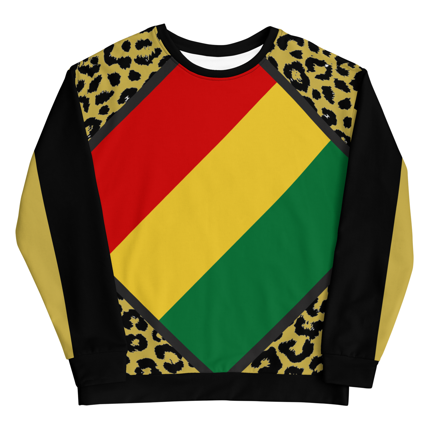 all-over printed sweatshirt with nyabinghi rasta flag and leopard print accents