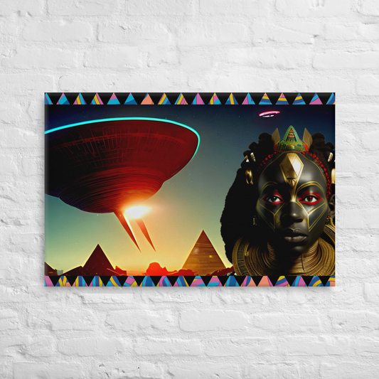 Afrofuturism NIF GOD figure in front of a levitating UFO and ancient futuristic Egypt scene with pyramids painting on white brick wall