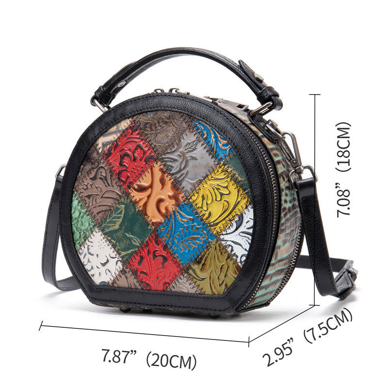 Round patchwork handbag with colorful patterns and measurements on a white background