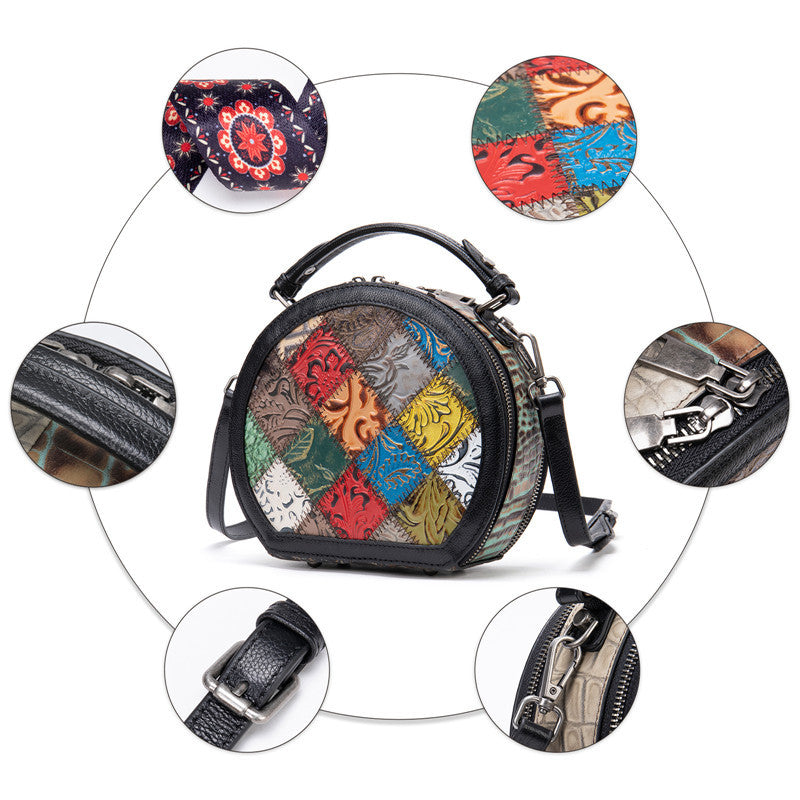 Round patchwork handbag with detailed patterns and textures, surrounded by close-up insets on a white background.