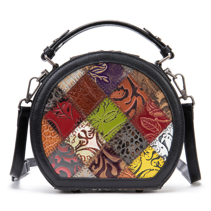 Round patchwork handbag with multicolor design on a white background