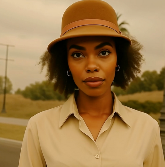Woman wearing a brown hat and beige shirt outdoors with a neutral background