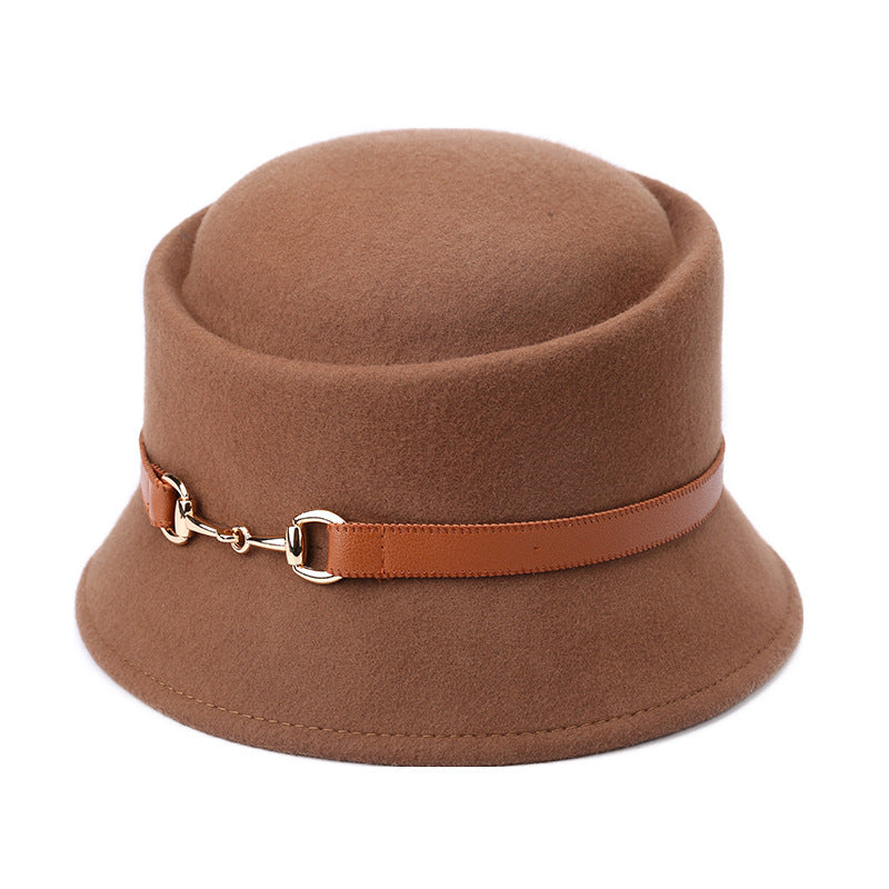 Brown bucket hat with a brown band and gold buckle on a white background