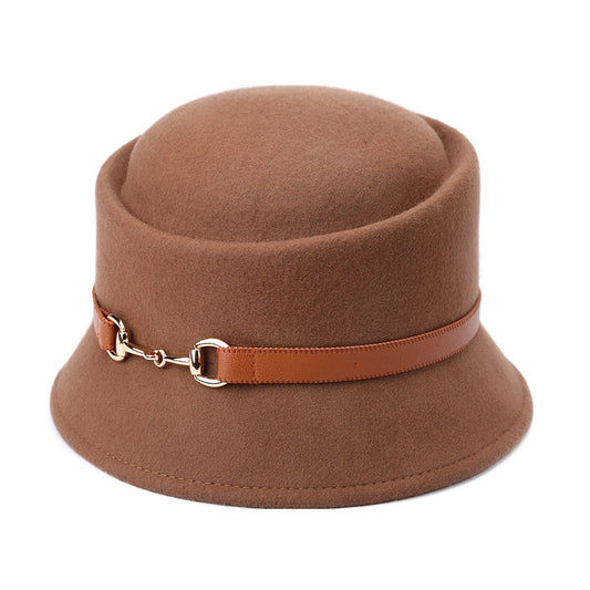 Brown bucket hat with a brown band and gold buckle on a white background