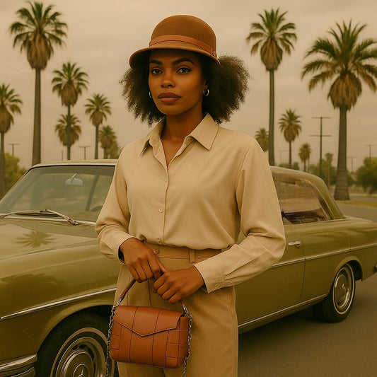 Woman in a beige outfit with a brown hat and purse standing in front of a vintage car with palm trees in the background.