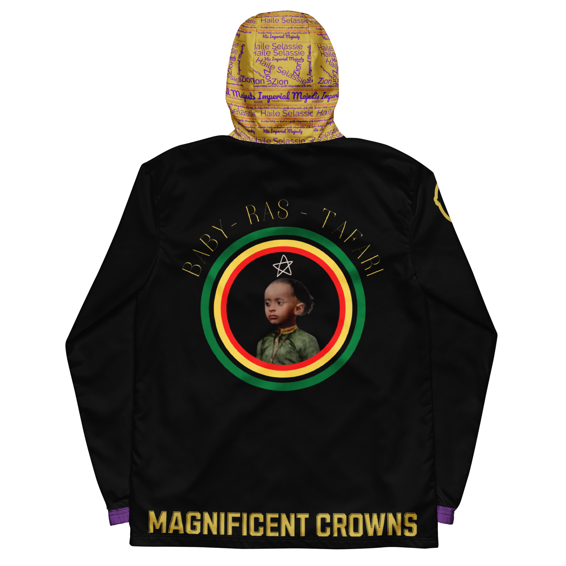 Black windbreaker with gold colored hoodie that has a image of Haile Selassie on the back. Jacket Is by: Magnificent Crowns Clothing Store.