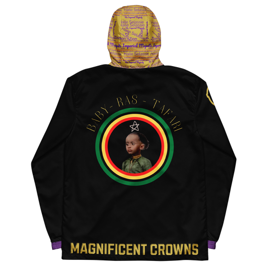 Black windbreaker with gold colored hoodie that has a image of Haile Selassie on the back. Jacket Is by: Magnificent Crowns Clothing Store.