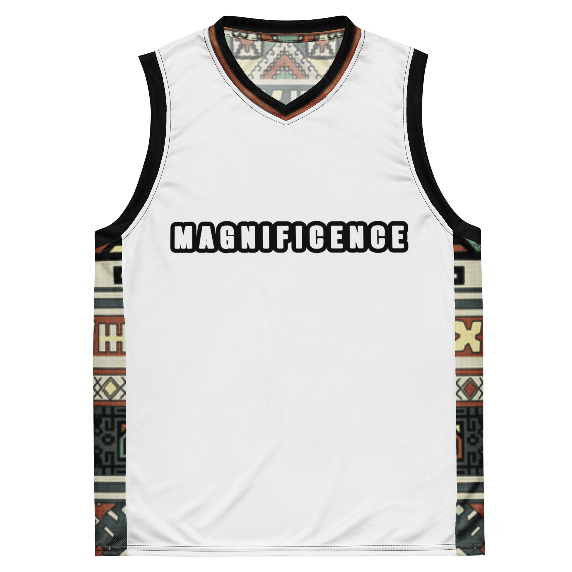 Basketball Jersey with tribal print on the back with the word Magnificence on the front