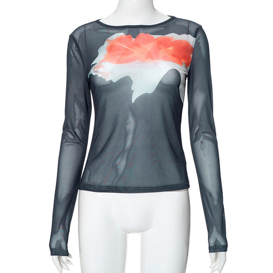 Fashion Mesh Printed Pullover Women