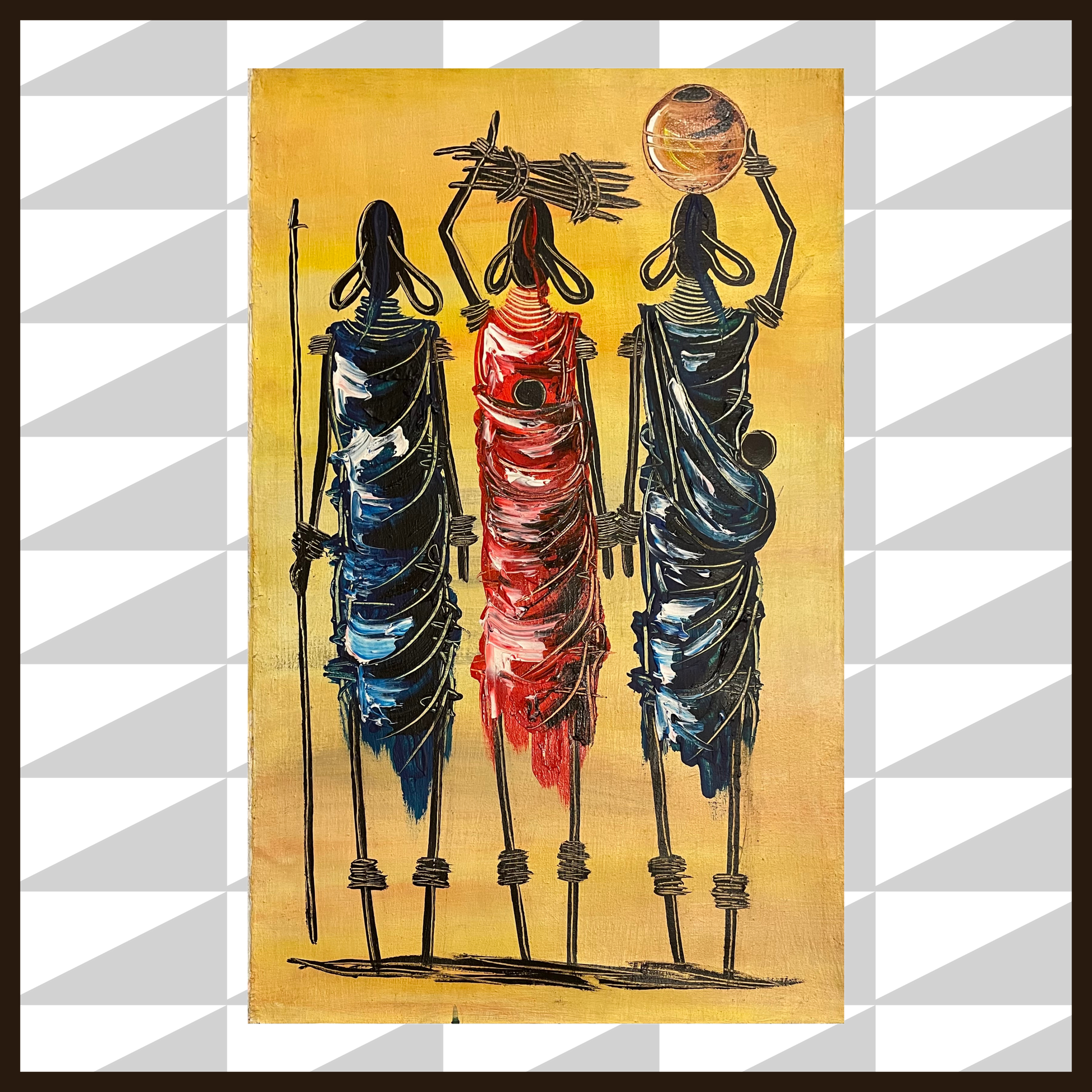 traditional rwandan art paintings of african women holding community tools