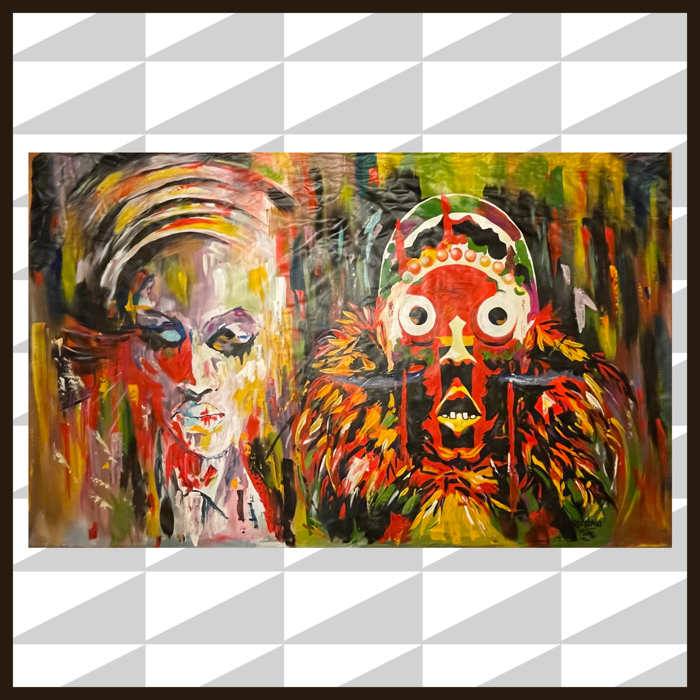 large painting of african mask and spectral woman in acrylic paint on canvas