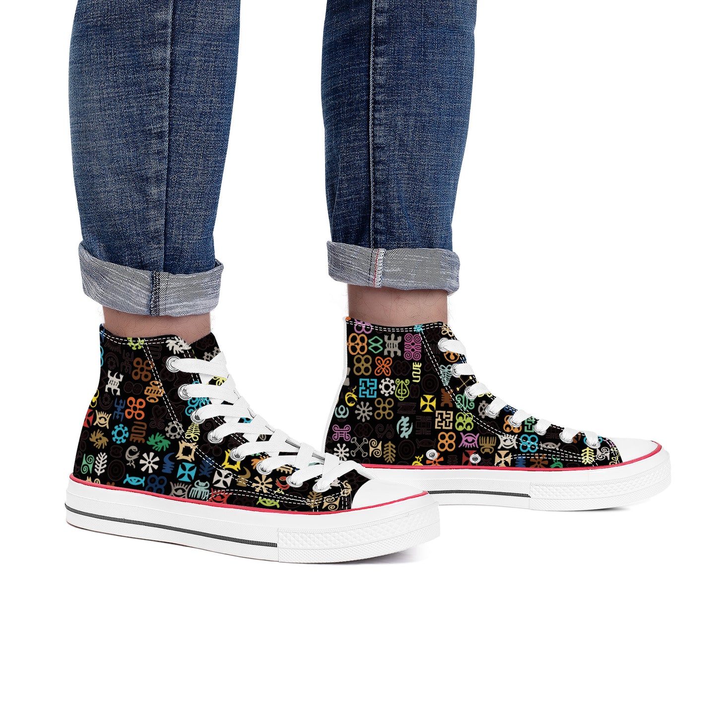 ADINKRA HIGH TOP CANVAS SHOES - BLACK SNEAKERS WITH MULTICOLOR PRINT