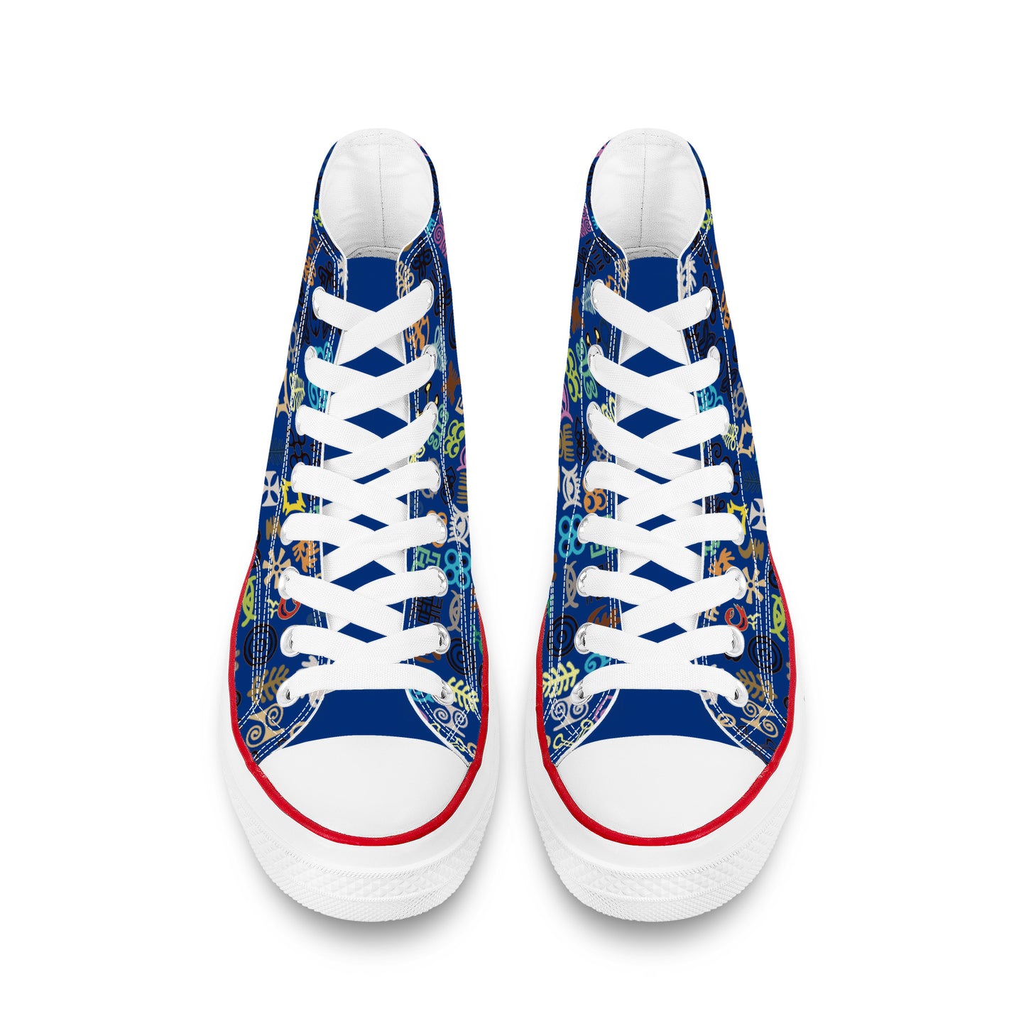 ADINKRA HIGH TOP CANVAS SHOES - BLUE SNEAKERS WITH MULTICOLOR PRINT