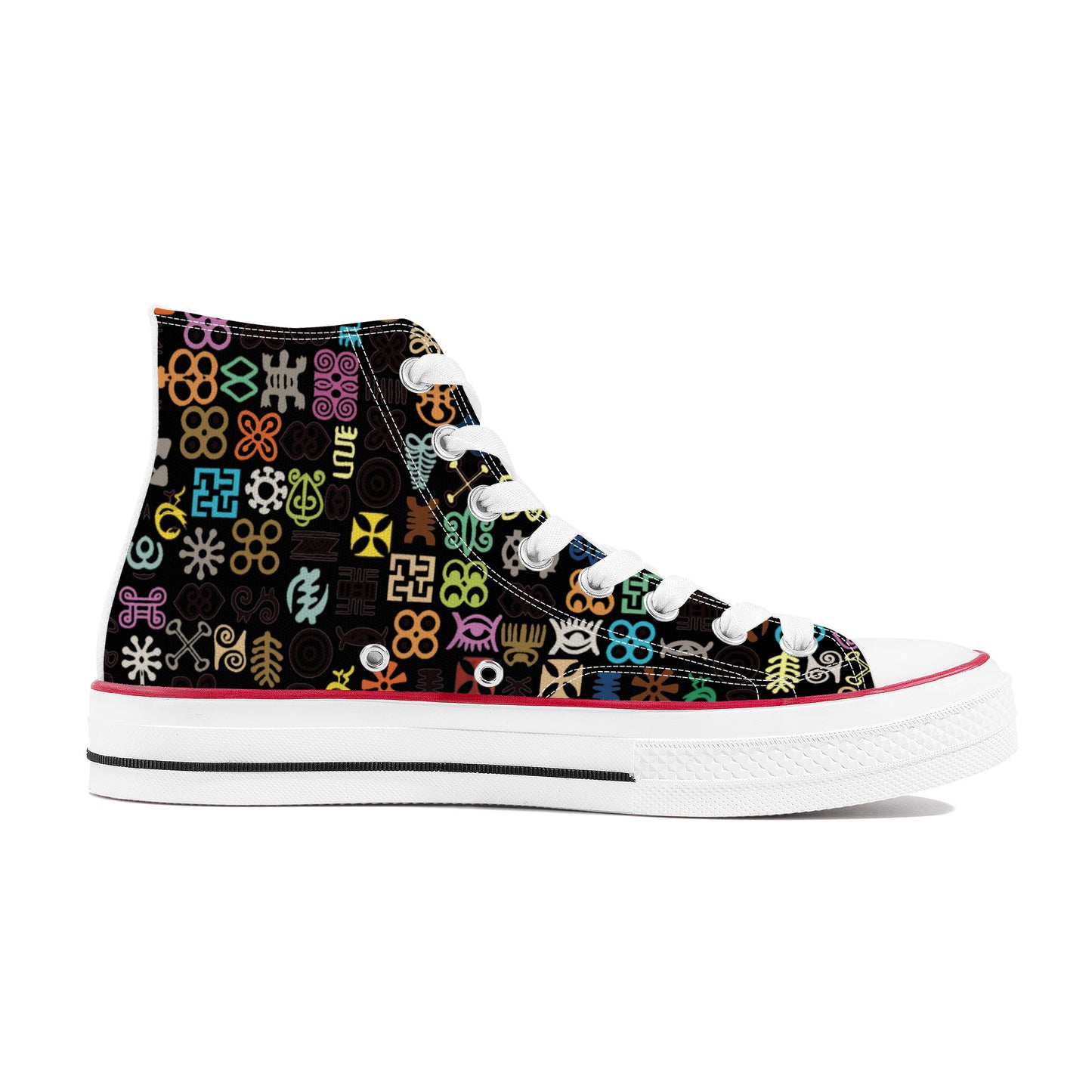 ADINKRA HIGH TOP CANVAS SHOES - BLACK SNEAKERS WITH MULTICOLOR PRINT