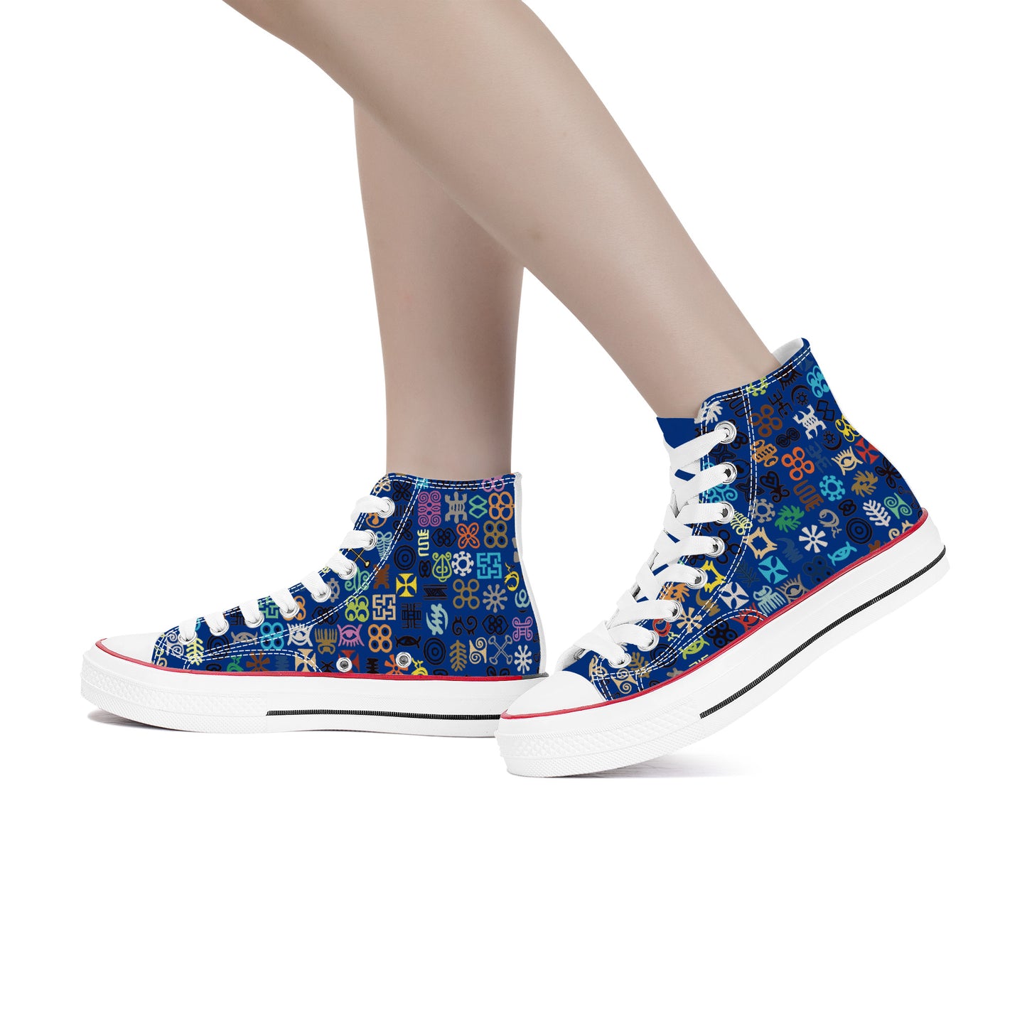 ADINKRA HIGH TOP CANVAS SHOES - BLUE SNEAKERS WITH MULTICOLOR PRINT