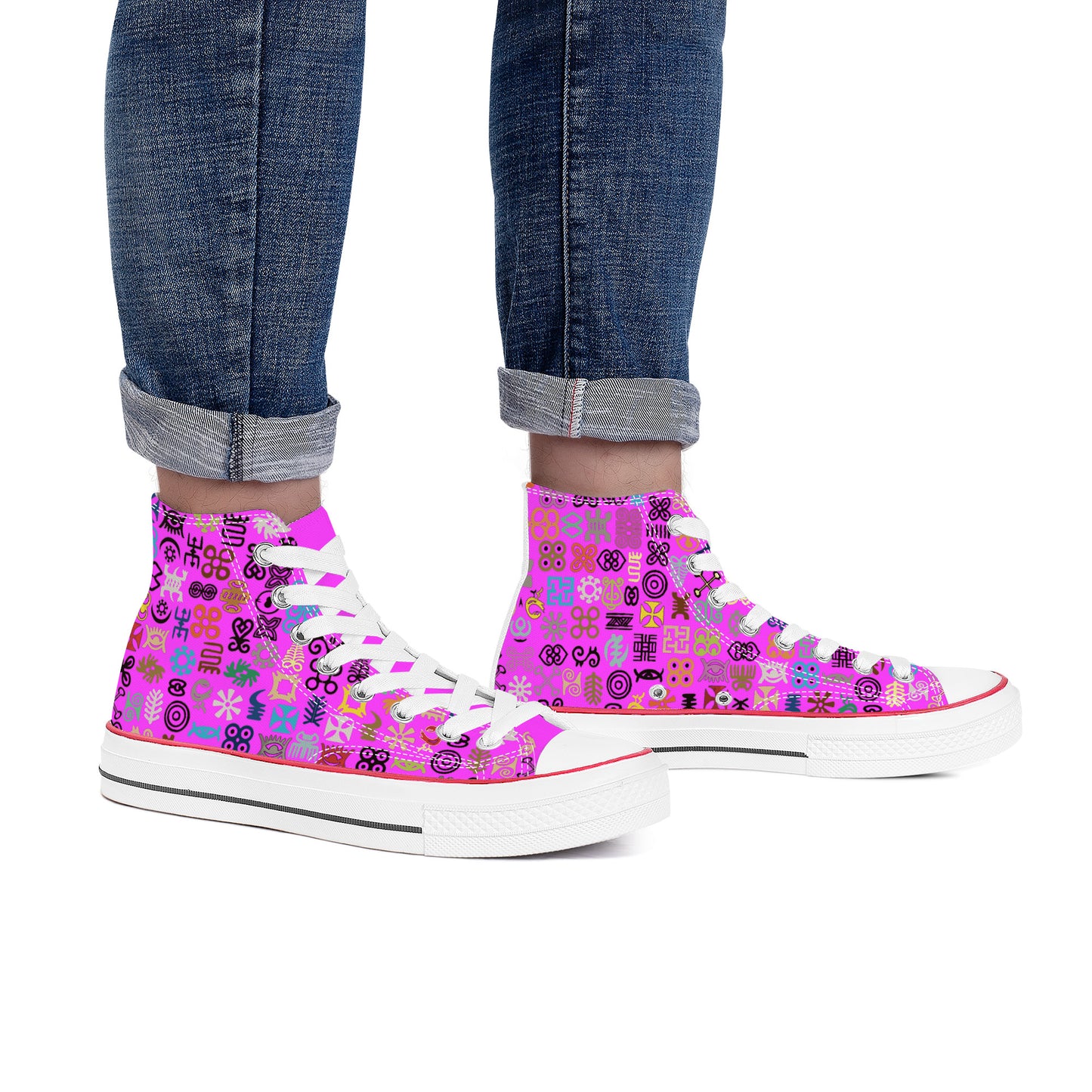 ADINKRA HIGH TOP CANVAS SHOES - HOT PURPLE SNEAKERS WITH MULTICOLOR PRINT