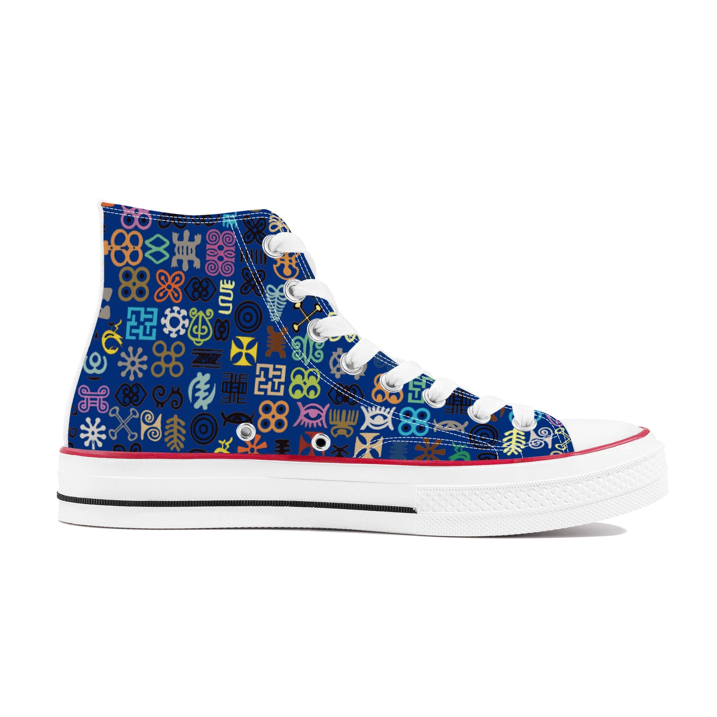 ADINKRA HIGH TOP CANVAS SHOES - BLUE SNEAKERS WITH MULTICOLOR PRINT