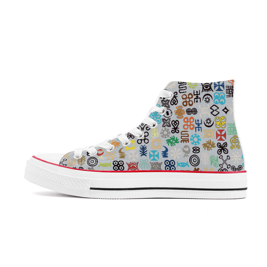 ADINKRA HIGH TOP CANVAS SHOES - SILVER GRAY SNEAKERS WITH MULTICOLOR PRINT