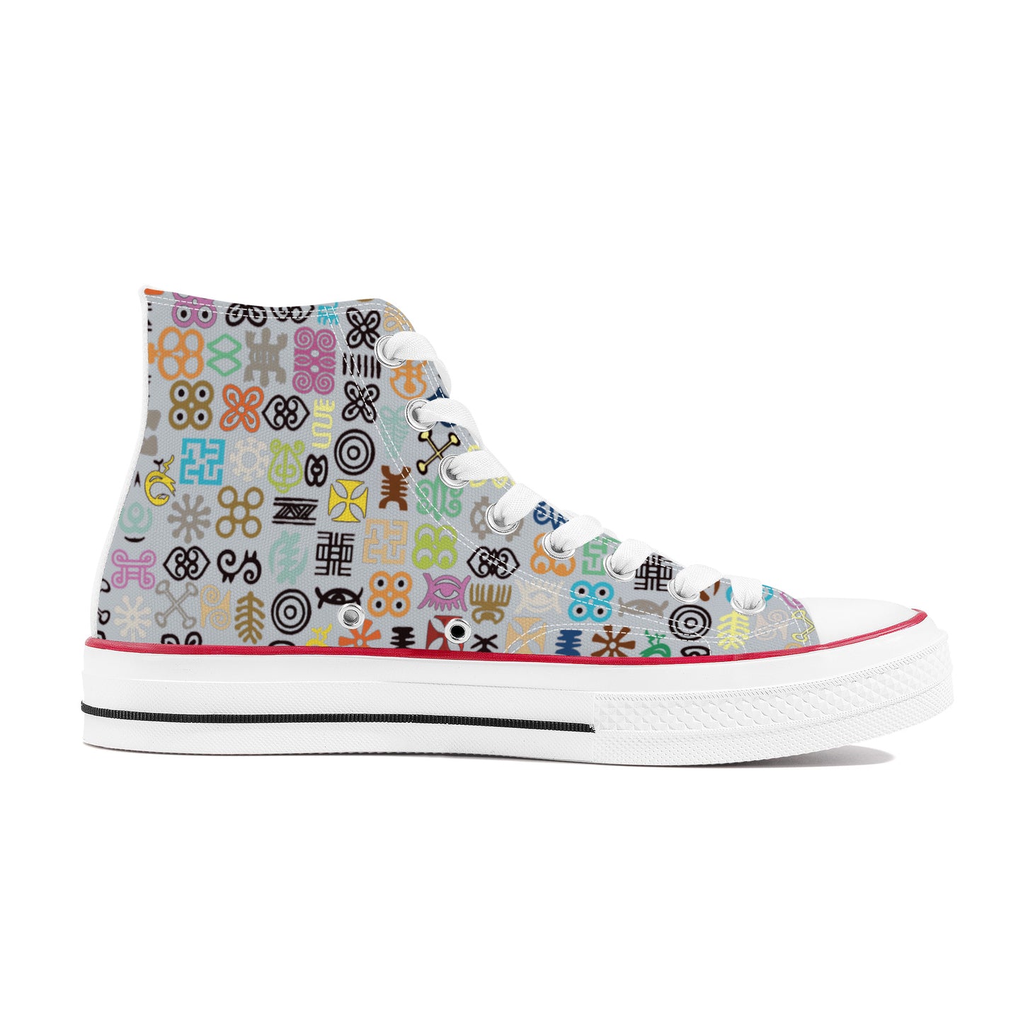 ADINKRA HIGH TOP CANVAS SHOES - SILVER GRAY SNEAKERS WITH MULTICOLOR PRINT