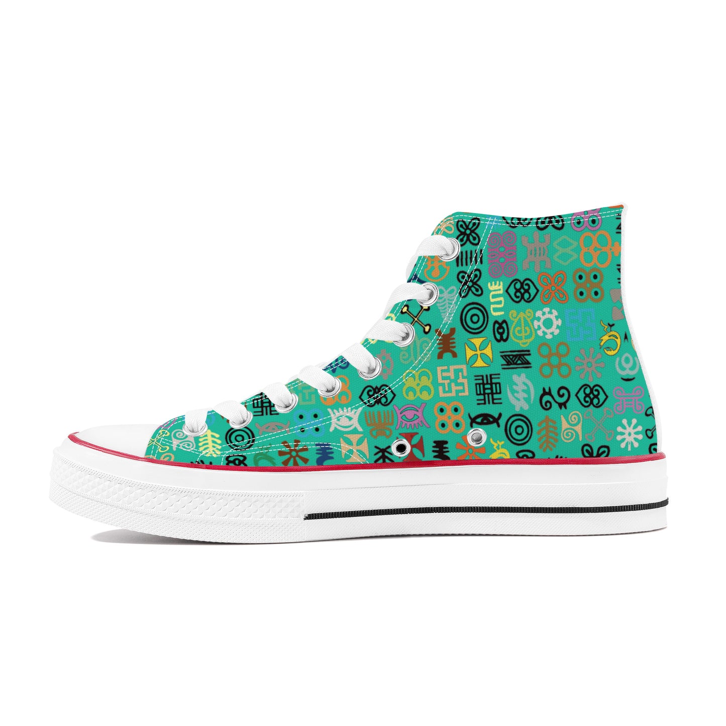 ADINKRA HIGH TOP CANVAS SHOES - TURQUOISE GREEN SNEAKERS WITH MULTICOLOR PRINT