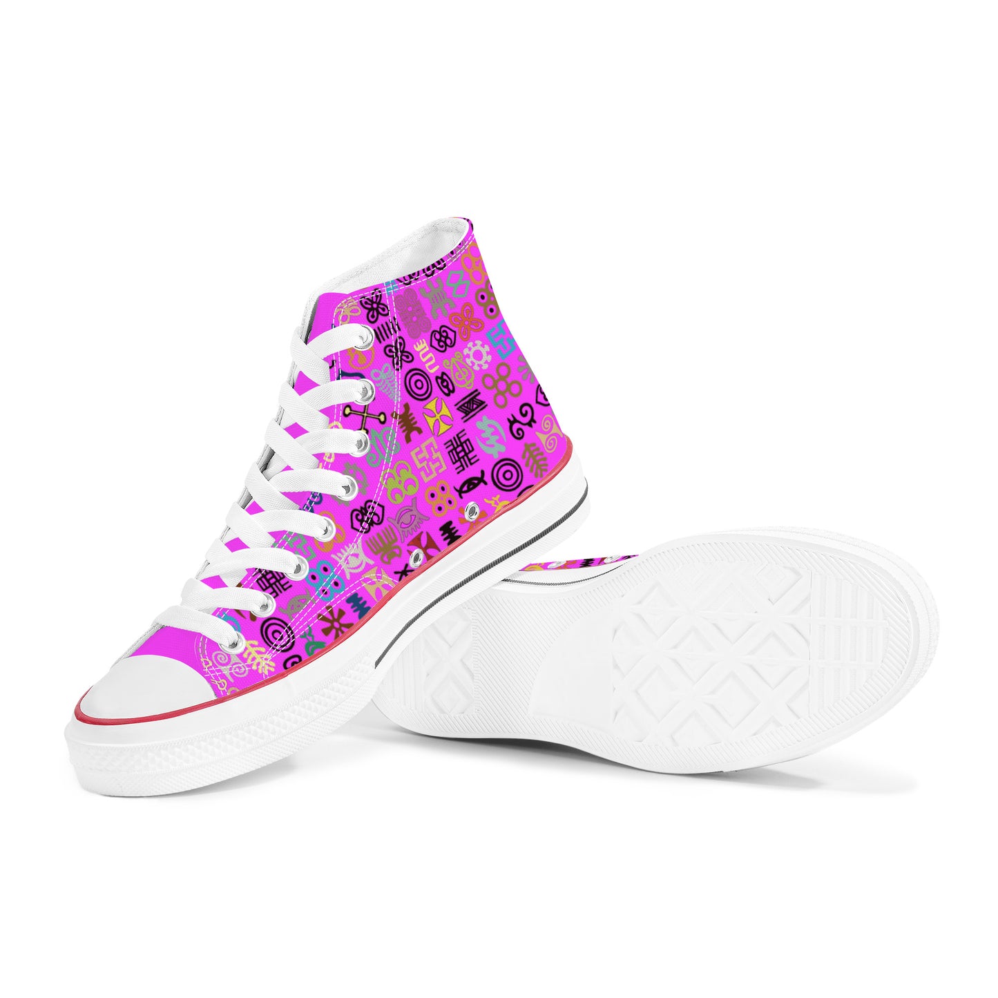 ADINKRA HIGH TOP CANVAS SHOES - HOT PURPLE SNEAKERS WITH MULTICOLOR PRINT