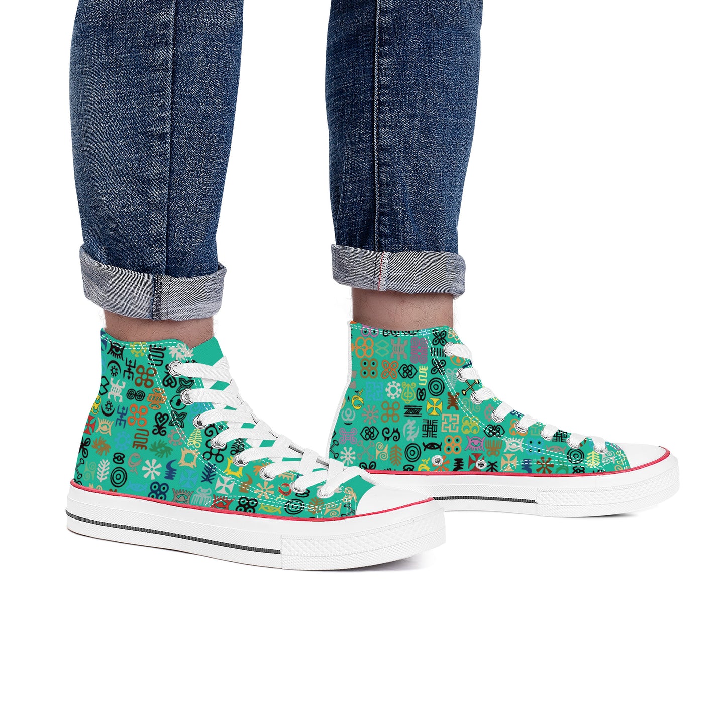 ADINKRA HIGH TOP CANVAS SHOES - TURQUOISE GREEN SNEAKERS WITH MULTICOLOR PRINT