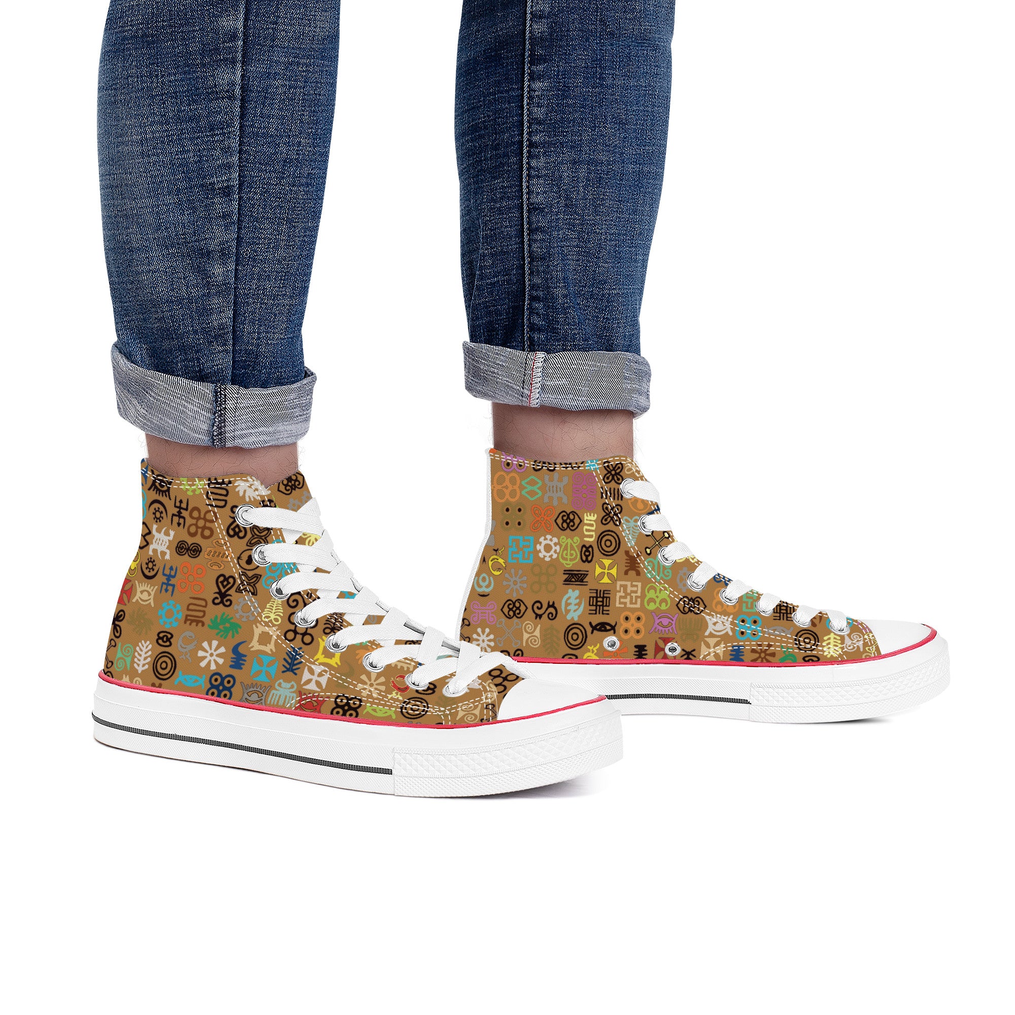 ADINKRA HIGH TOP CANVAS SHOES - COFFEE SNEAKERS WITH MULTICOLOR PRINT