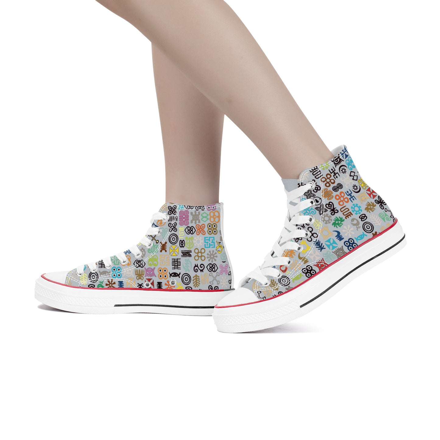 ADINKRA HIGH TOP CANVAS SHOES - SILVER GRAY SNEAKERS WITH MULTICOLOR PRINT