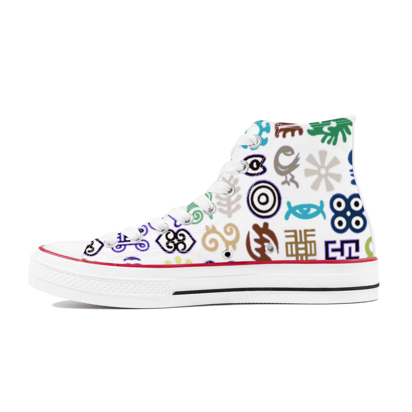 ADINKRA HIGH TOP CANVAS SHOES - WHITE SNEAKERS WITH MULTICOLOR PRINT