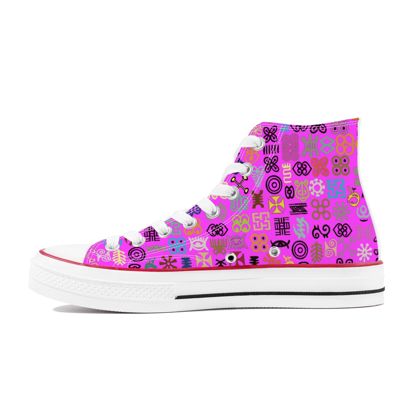 ADINKRA HIGH TOP CANVAS SHOES - HOT PURPLE SNEAKERS WITH MULTICOLOR PRINT