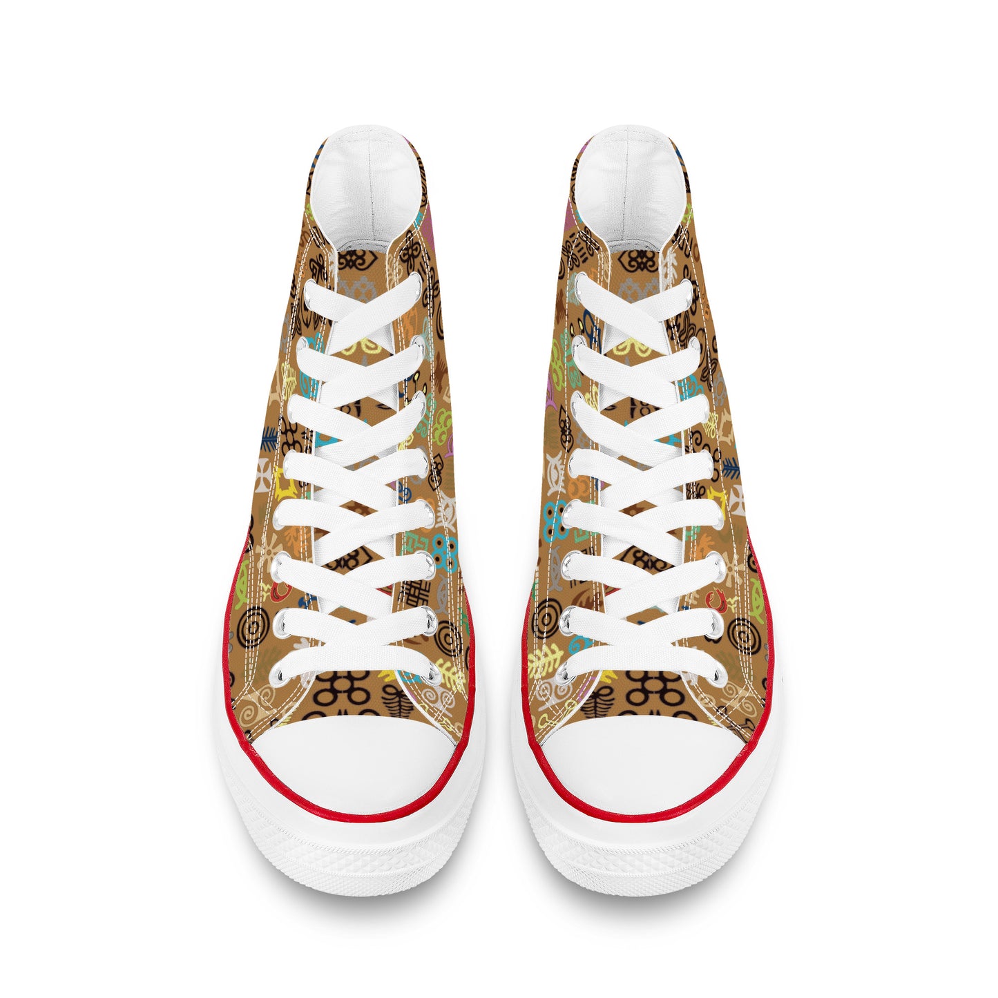 ADINKRA HIGH TOP CANVAS SHOES - COFFEE SNEAKERS WITH MULTICOLOR PRINT