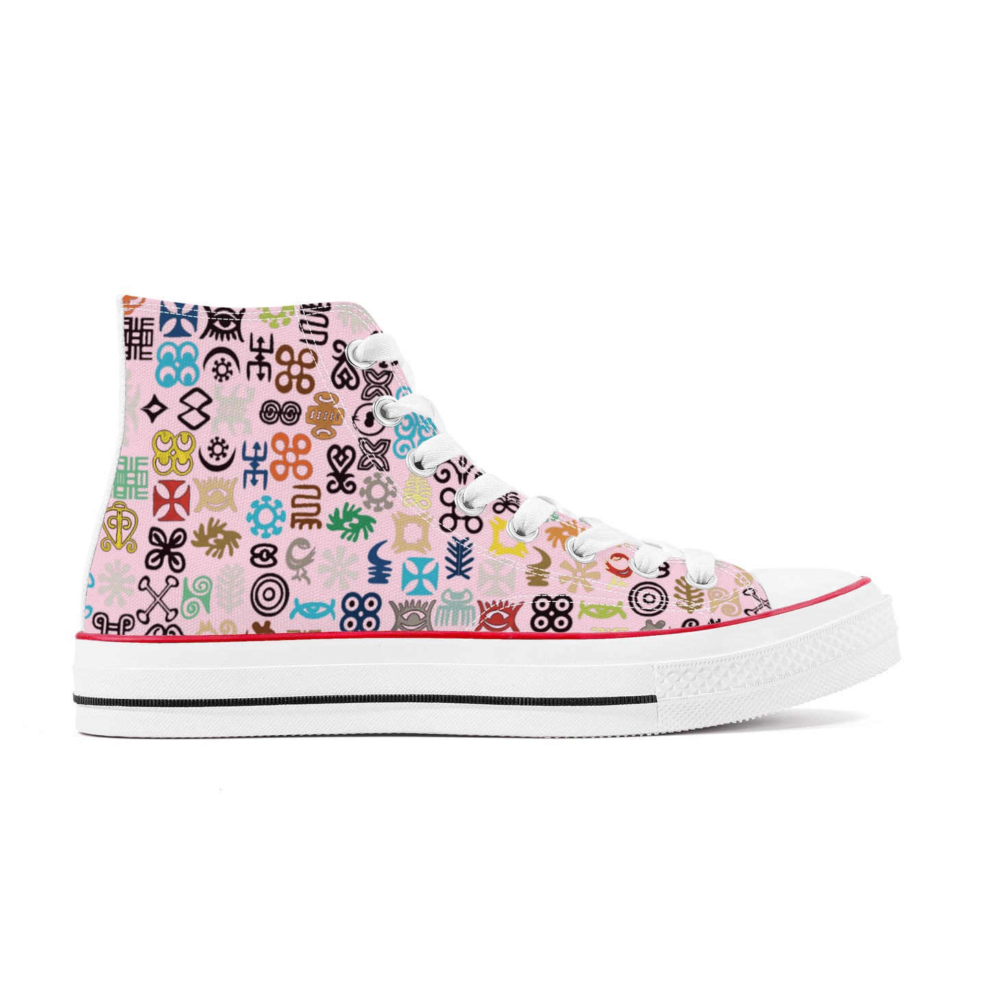 ADINKRA HIGH TOP CANVAS SHOES - SOFT PINK SNEAKERS WITH MULTICOLOR PRINT